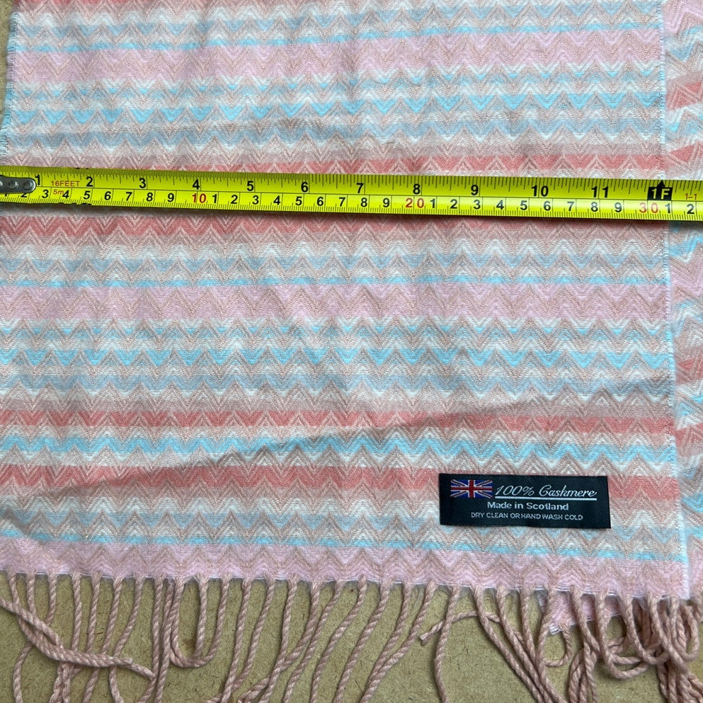 100% Cashmere Scarf Chevron Design Peach Pink Blue Made in England