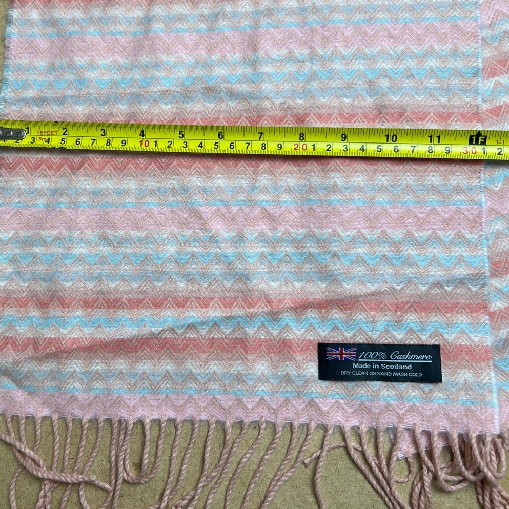 100% Cashmere Scarf Chevron Design Peach Pink Blue Made in England