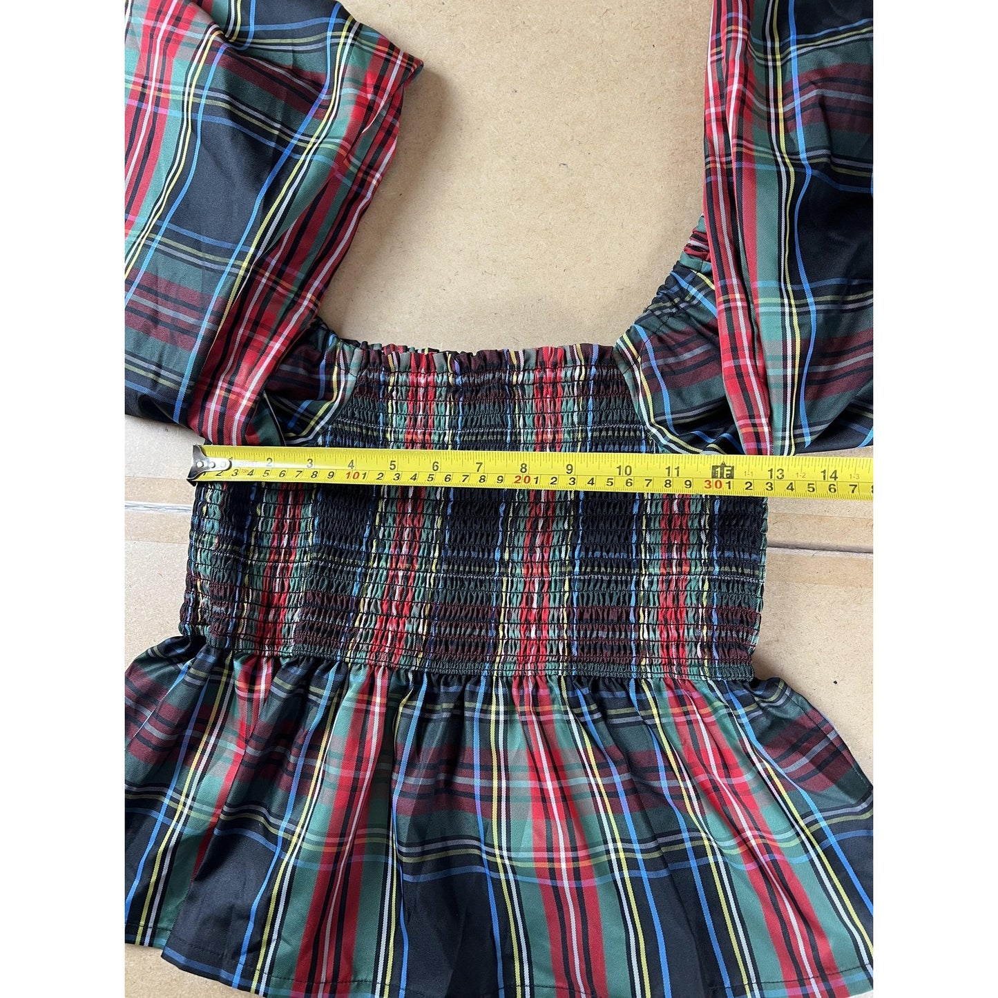 J.CREW Blouse Womens M Multicolor Cropped Off The Shoulder Balloon Sleeve Plaid