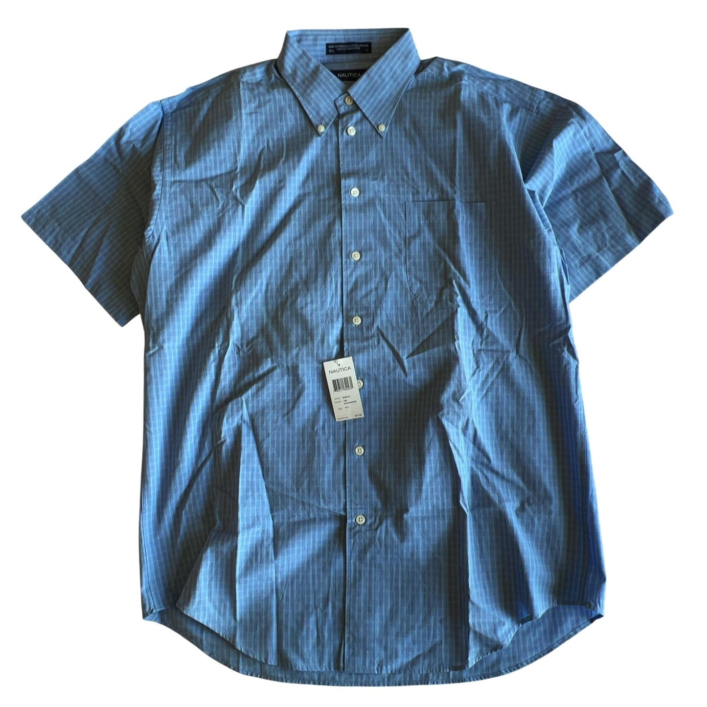 Nautica Shirt Mens 16.5 Blue Check Button-Down Short Sleeve 100% Cotton Large