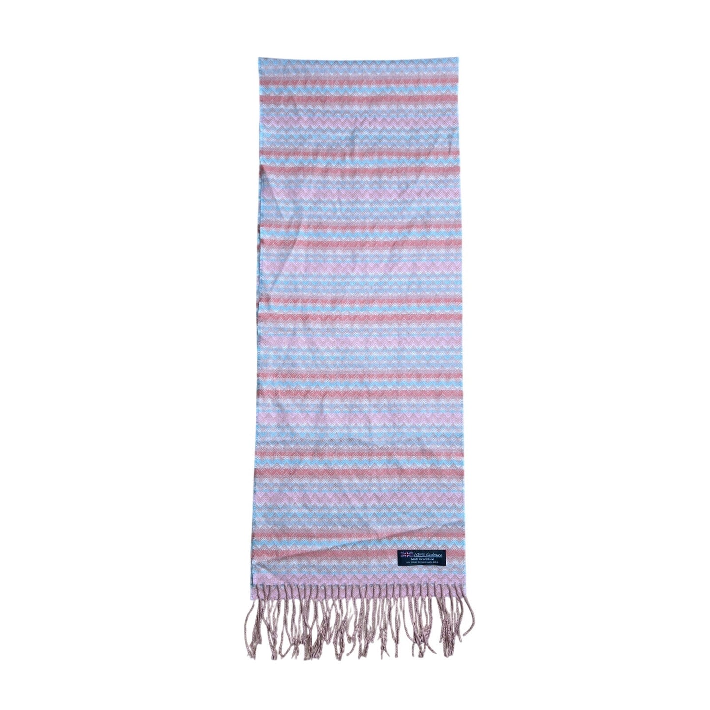 100% Cashmere Scarf Chevron Design Peach Pink Blue Made in England