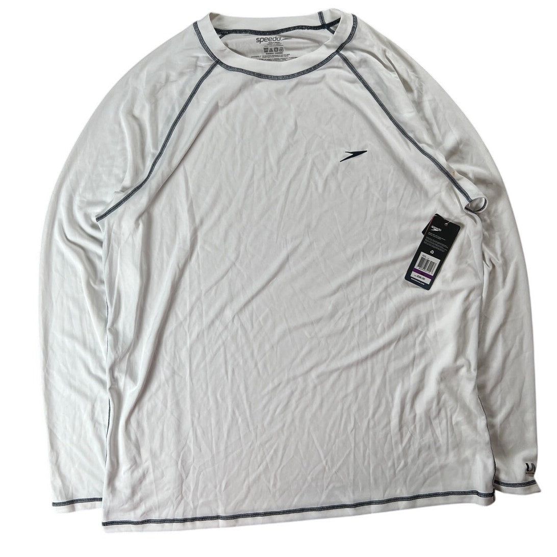 NWT Speedo Men's Uv Swim Shirt Long Sleeve Loose Fit Easy Tee, White, XXL