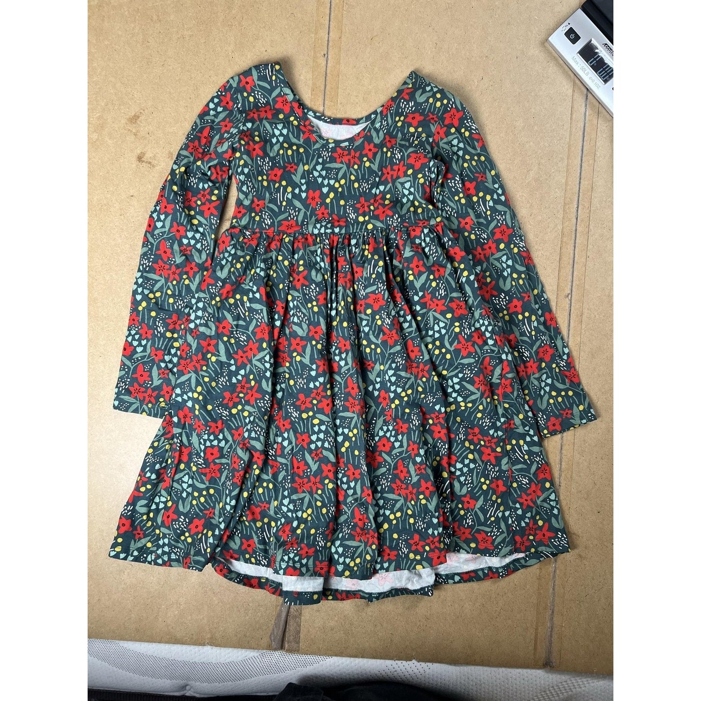 Hanna Andersson Dress Girls 10 Green Floral Fit & Flare Long Sleeve Jersey
