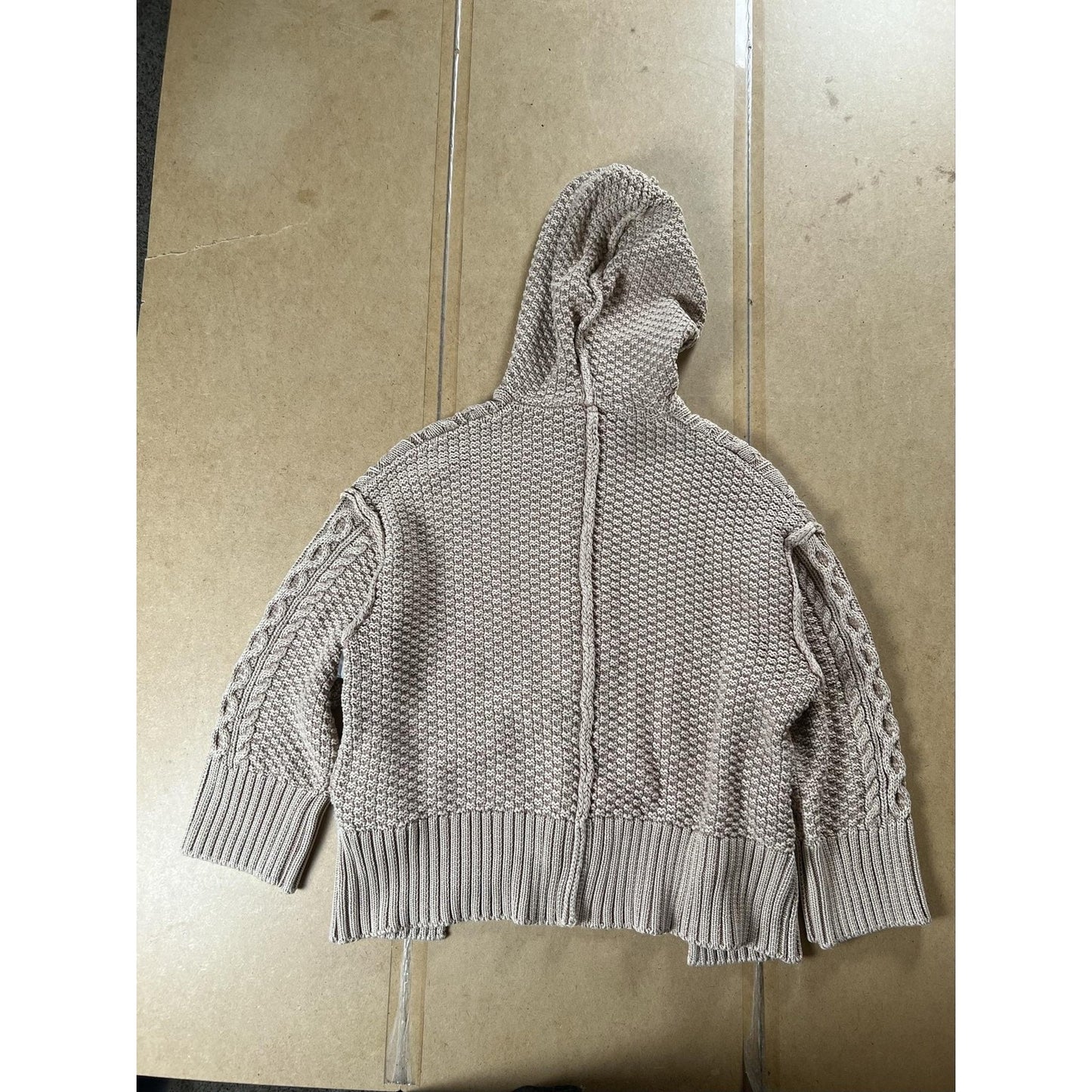 Coatigan Womens XS Beige Hooded Cable Knit Button Cotton Short Casual Pullover