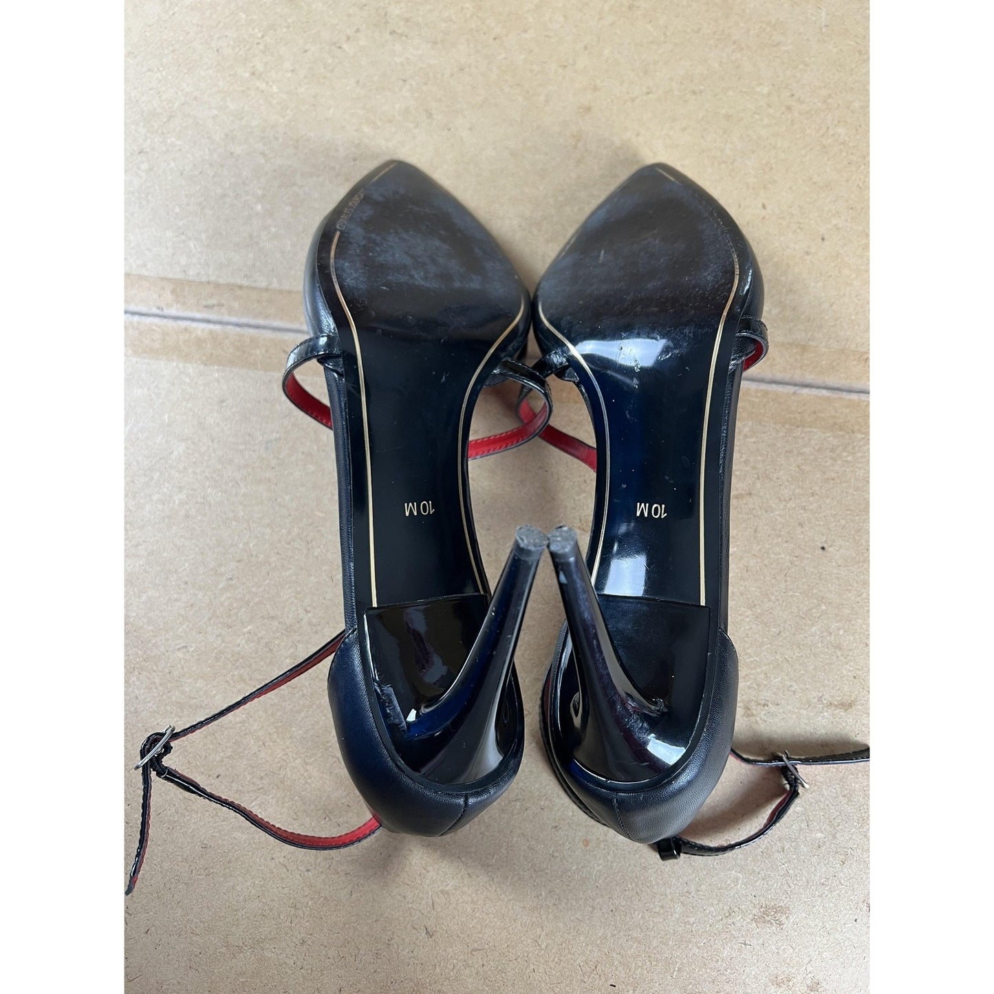 Charles Jourdan Shoes Womens 10 Black Leather Patent Pump Ankle Strap Stiletto