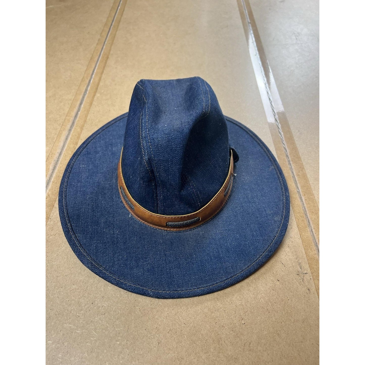 Fedora Hat Womens L Blue Denim Cotton Wide Brim Strap Made USA Spring Summer
