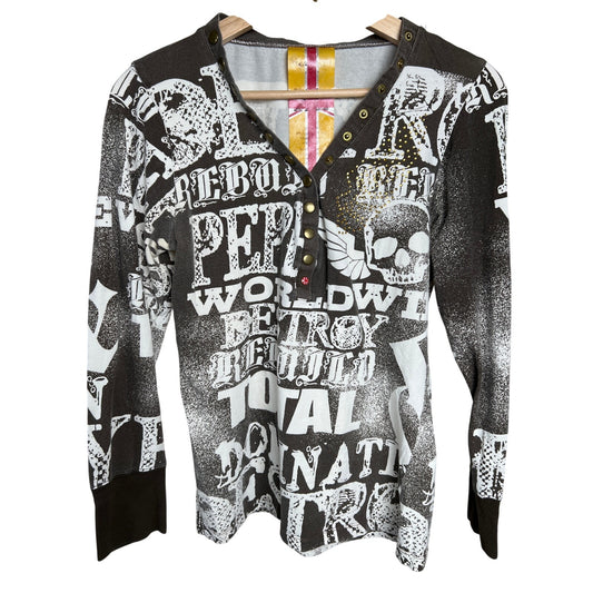Y2K Pepe Jeans Grunge Skull AOP Skull Women Long Sleeve Size XL