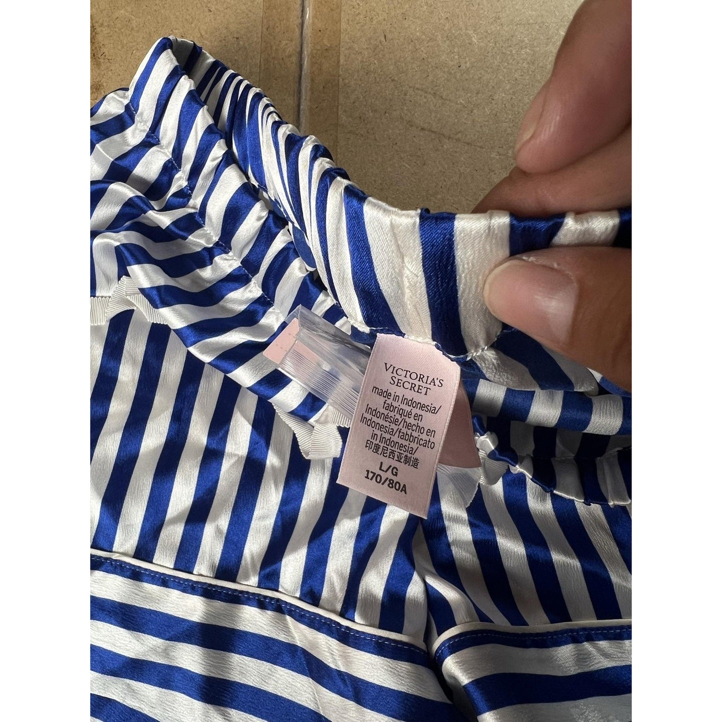 Victoria's Secret Hot Pants Womens L Blue Satin Striped Elastic Waist Drawstring