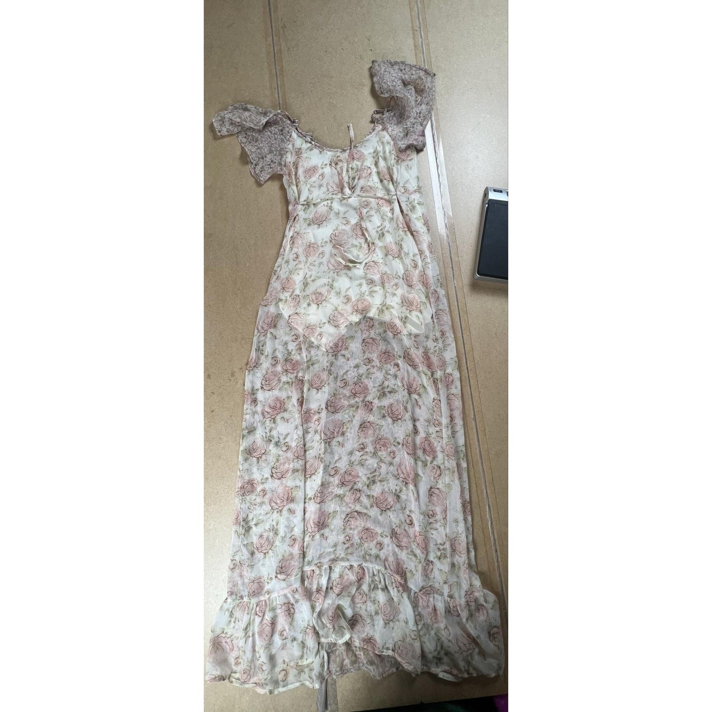 Band Of Gypsies Dress Womens S White Floral Maxi Sundress Scoop Neck Ruffle