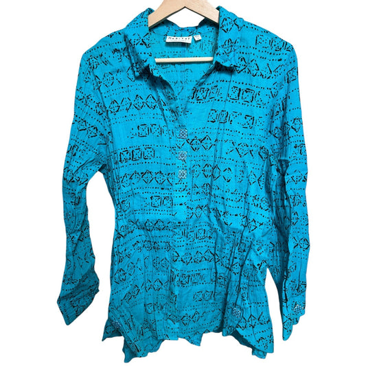 Habitat Clothes To Live In Tribal Blue Button Up Shirt blouse Medium M