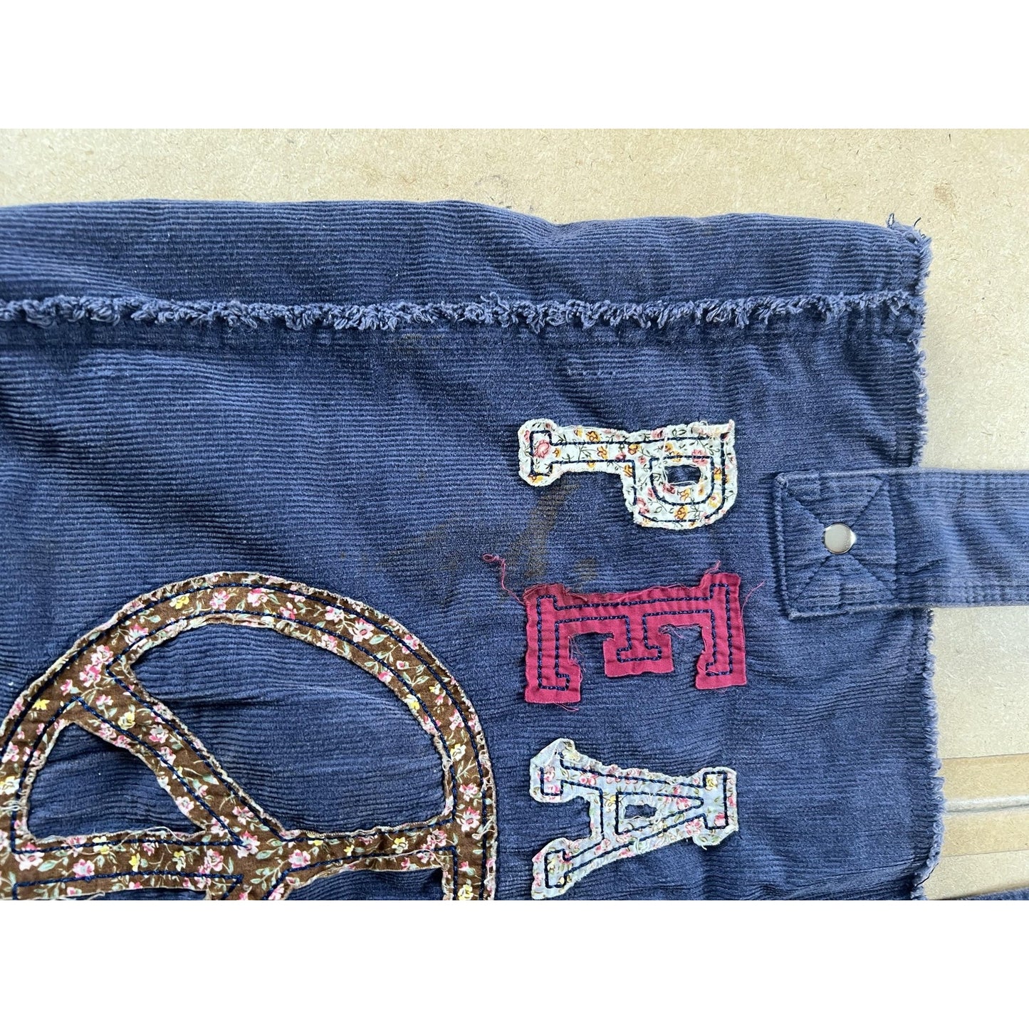 Tote Bag Womens Large Blue Corduroy Peace Sign Floral Applique Hippie Boho