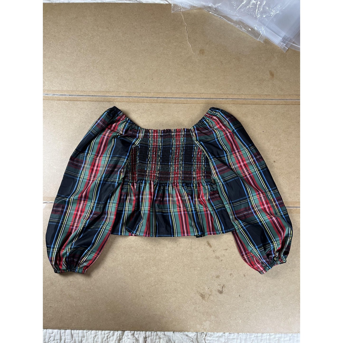 J.CREW Blouse Womens M Multicolor Cropped Off The Shoulder Balloon Sleeve Plaid