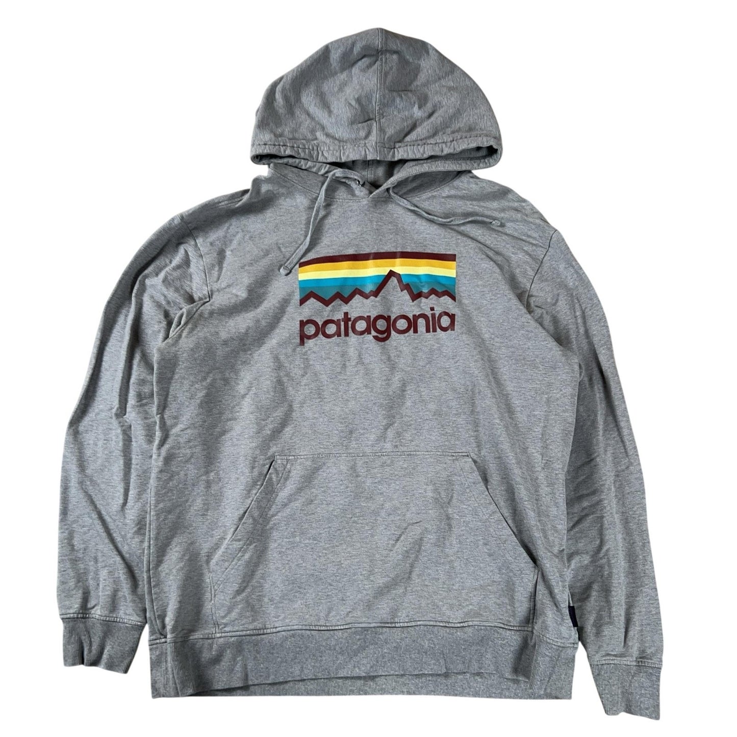 Patagonia Sweater Mens L Gray Pullover Hooded Pockets Graphic Organic Cotton