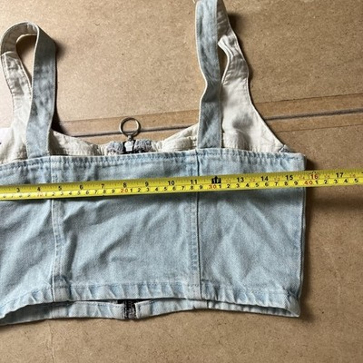 Topshop Tank Womens 8 Blue Denim Cropped Sweetheart Zip Front Bustier Moto
