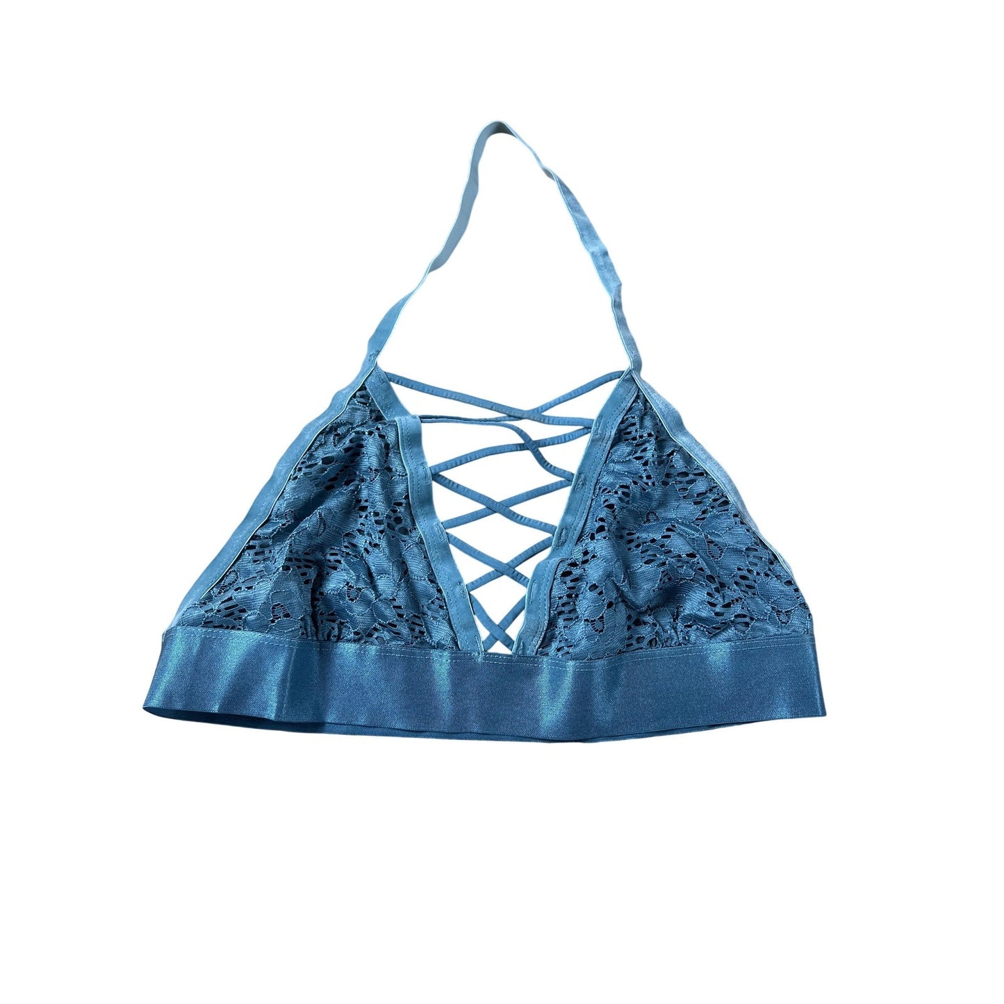 Iris Top Womens L Blue Lace Halter Lined Stretch Floral Sleeveless Adjustable