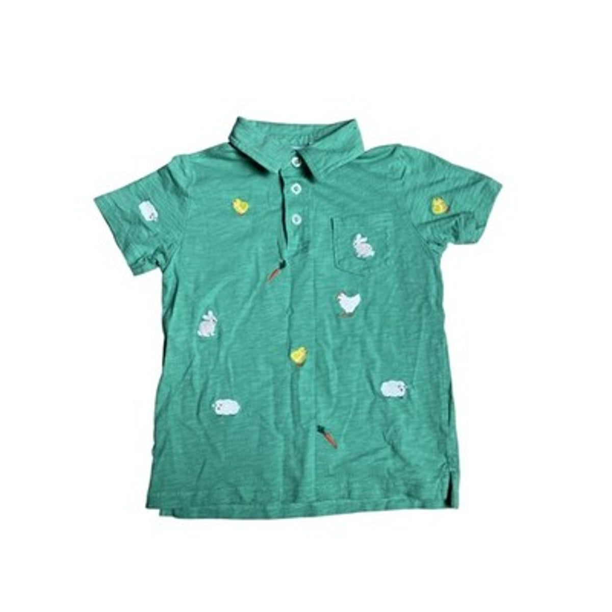 Mini Boden Polo Boys 5T Green Short Sleeve Collared Pocket Embroidered Bunny