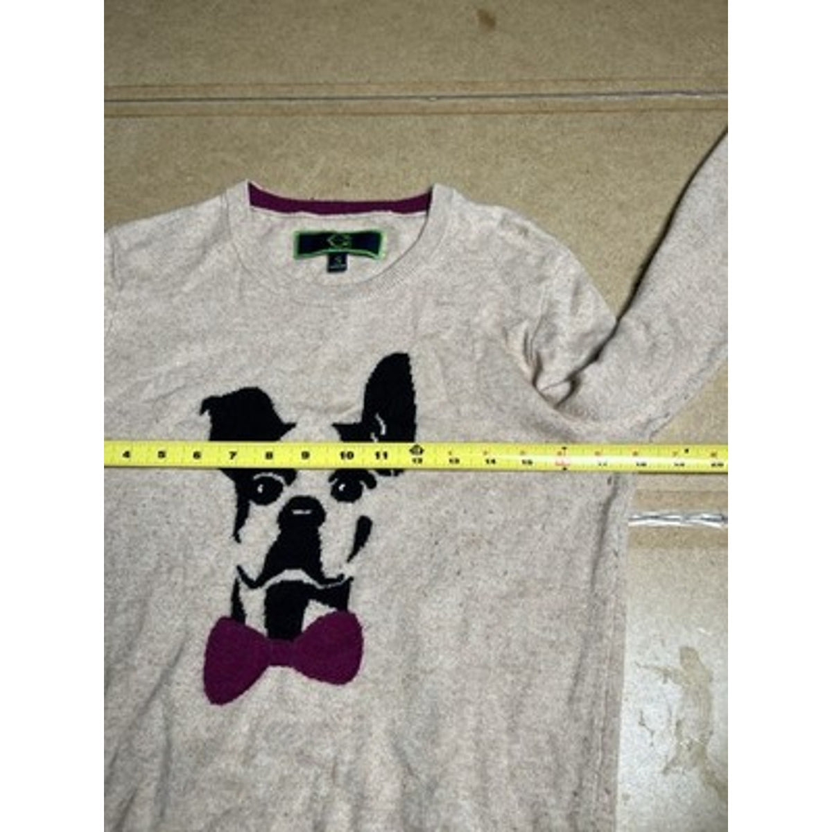 C. Wonder Sweater Womens S Beige Pullover Crew Neck Dog Graphic Bow Wool Blend