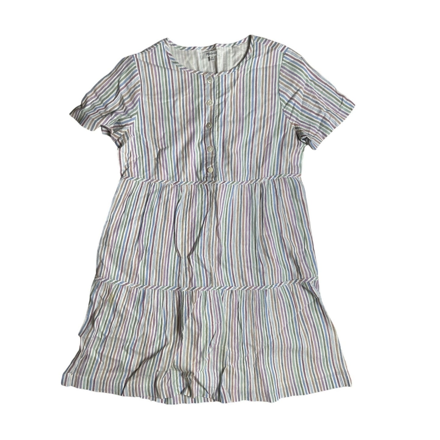 Madewell Striped Crewneck Button Front Tiered Mini Dress Multicolor Cotton Size XS