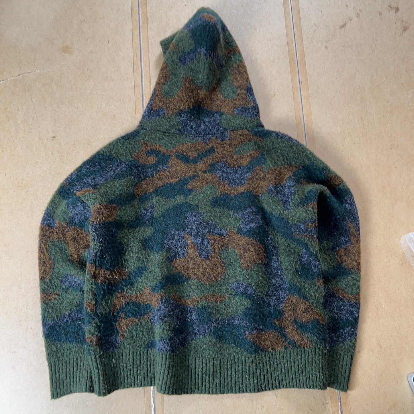 Sweater Womens L Green Hooded Full Zip Camouflage Chunky-Knit Pockets Relaxed