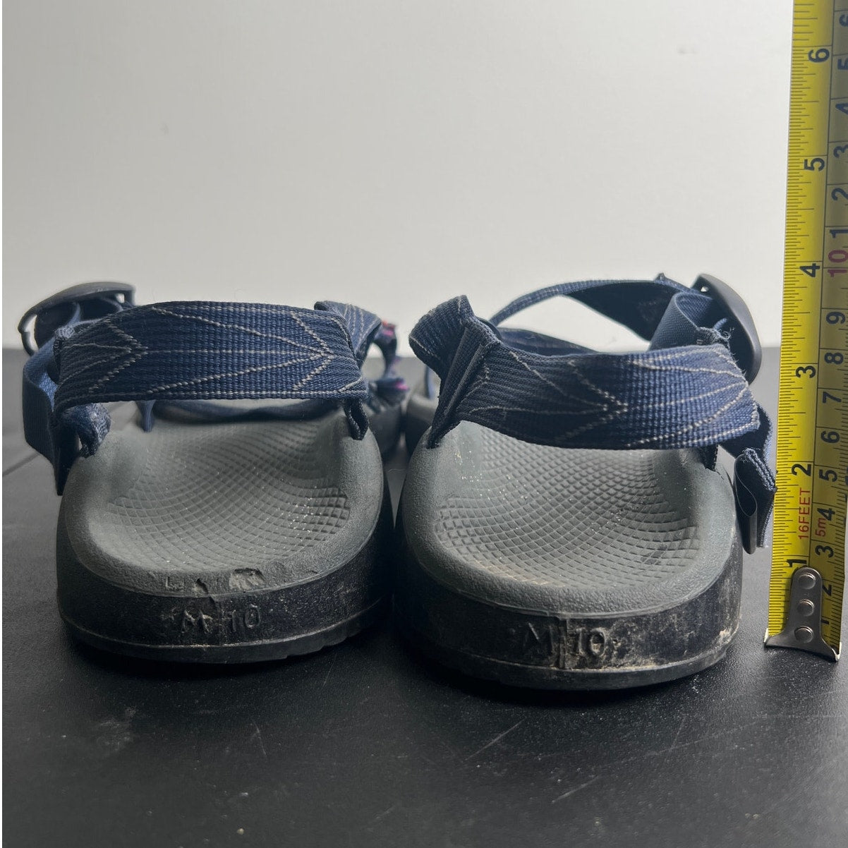 Chaco Gray Black Sole Navy Patterned Straps Water Shoe Sandals Men size 10