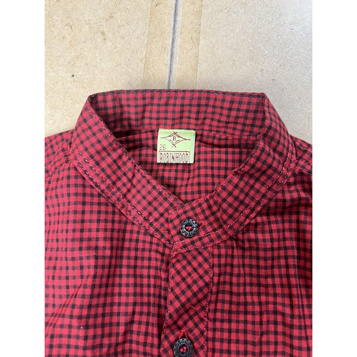 Robinhood Shirt Mens 38 Red Check Flannel Henley Long Sleeve Pockets Button