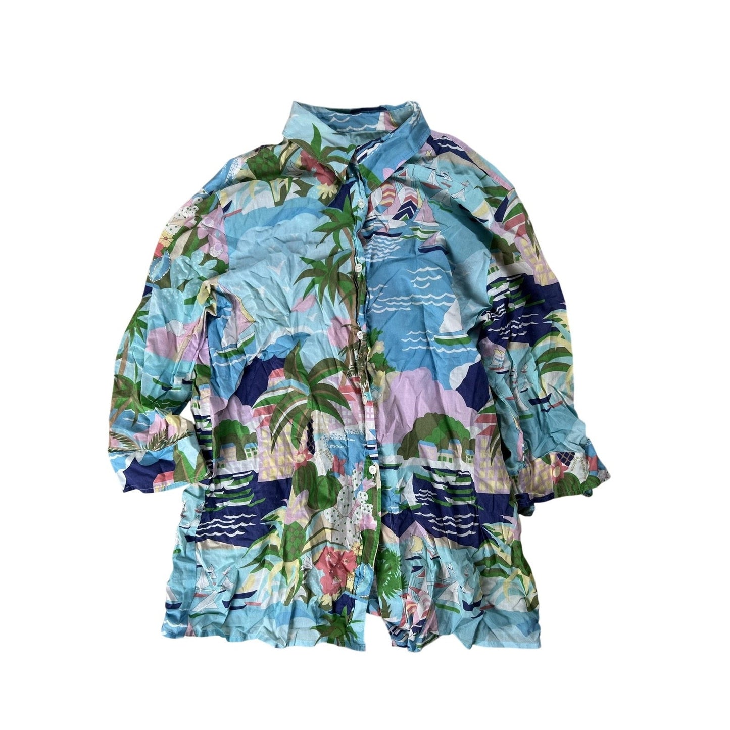 Escada Sport Tunic Womens M Blue Floral Button-Up Cotton Lightweight Relaxed