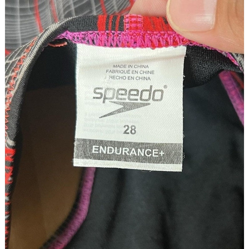Speedo One Piece Womens 28 Black Geometric Lined Chlorine-Resistant Spaghetti