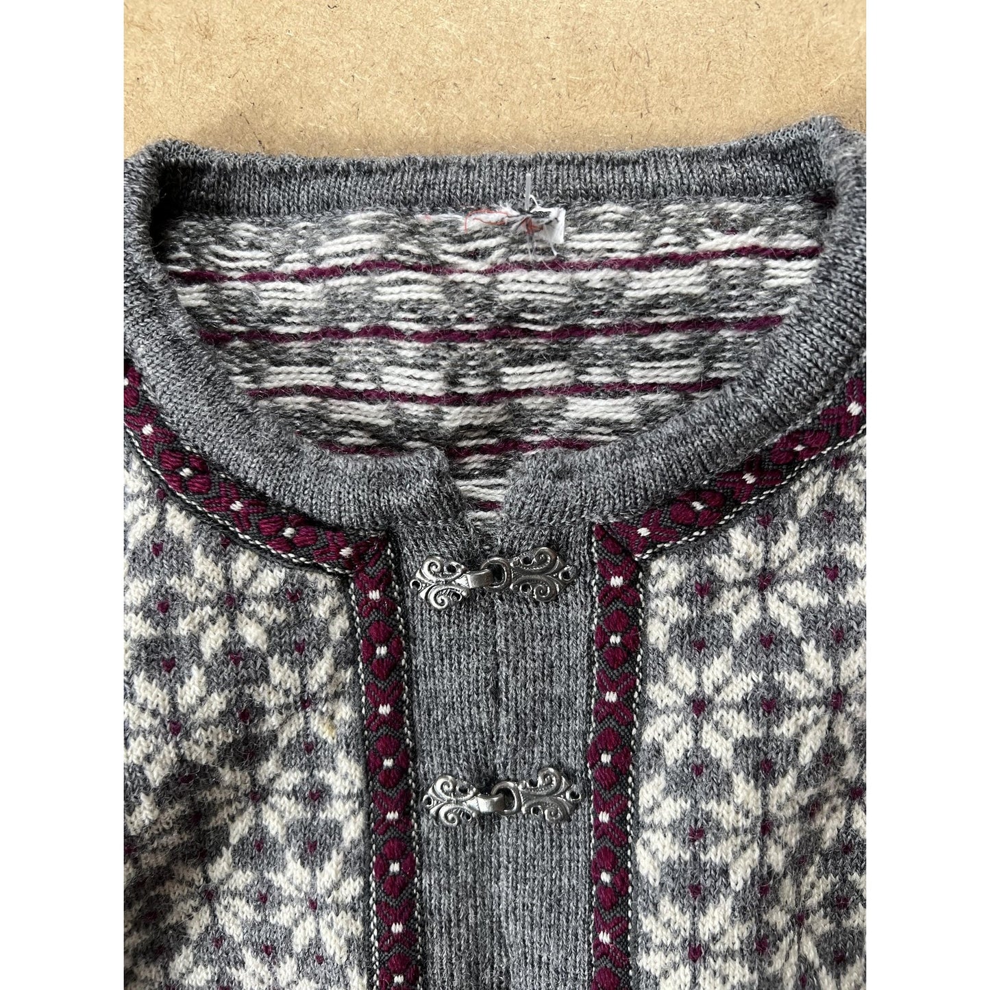 Sweater Mens L Gray Fair Isle Wool Pullover Collarless Button Heavyweight