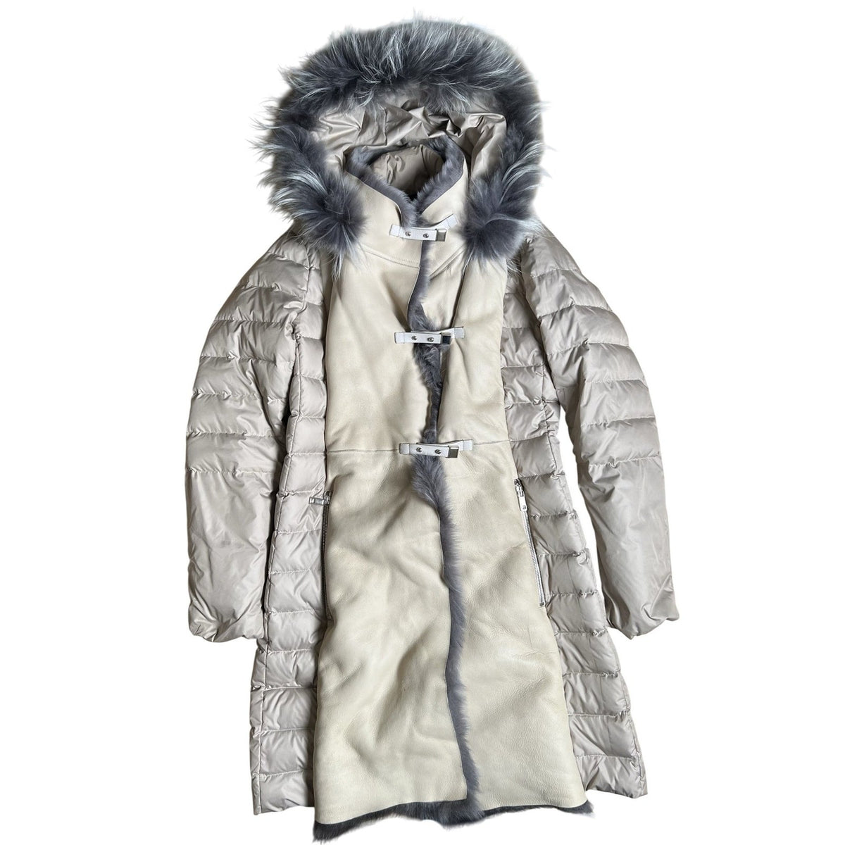 La Canadienne Coat Womens M Beige Puffer Leather Panel Fur Trim Hooded Long