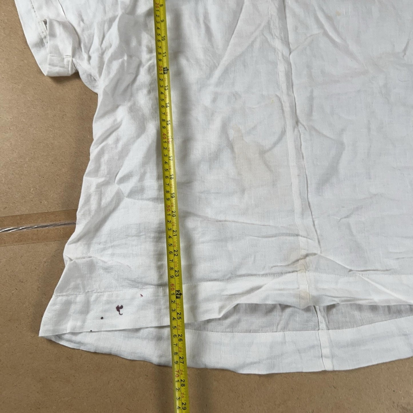 FLAX Tunic Womens L White Linen Cotton Spandex Round Neck Short Sleeve Pleated