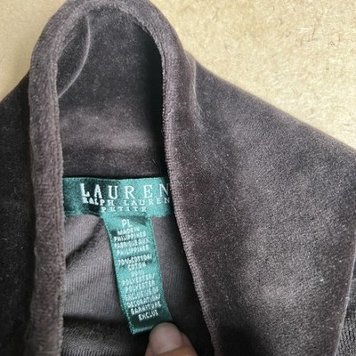 Lauren Ralph Lauren Sweater Womens L Petites Brown Velour Full Zip Pockets