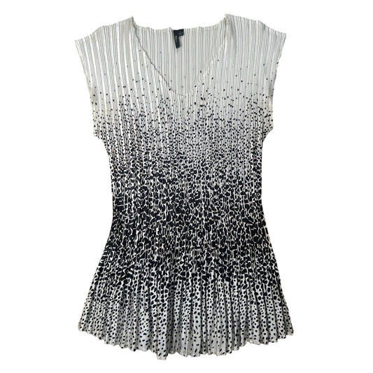 Tunic Womens L White V-Neck Cap Sleeve Pleated Polka Dot Chiffon Lined