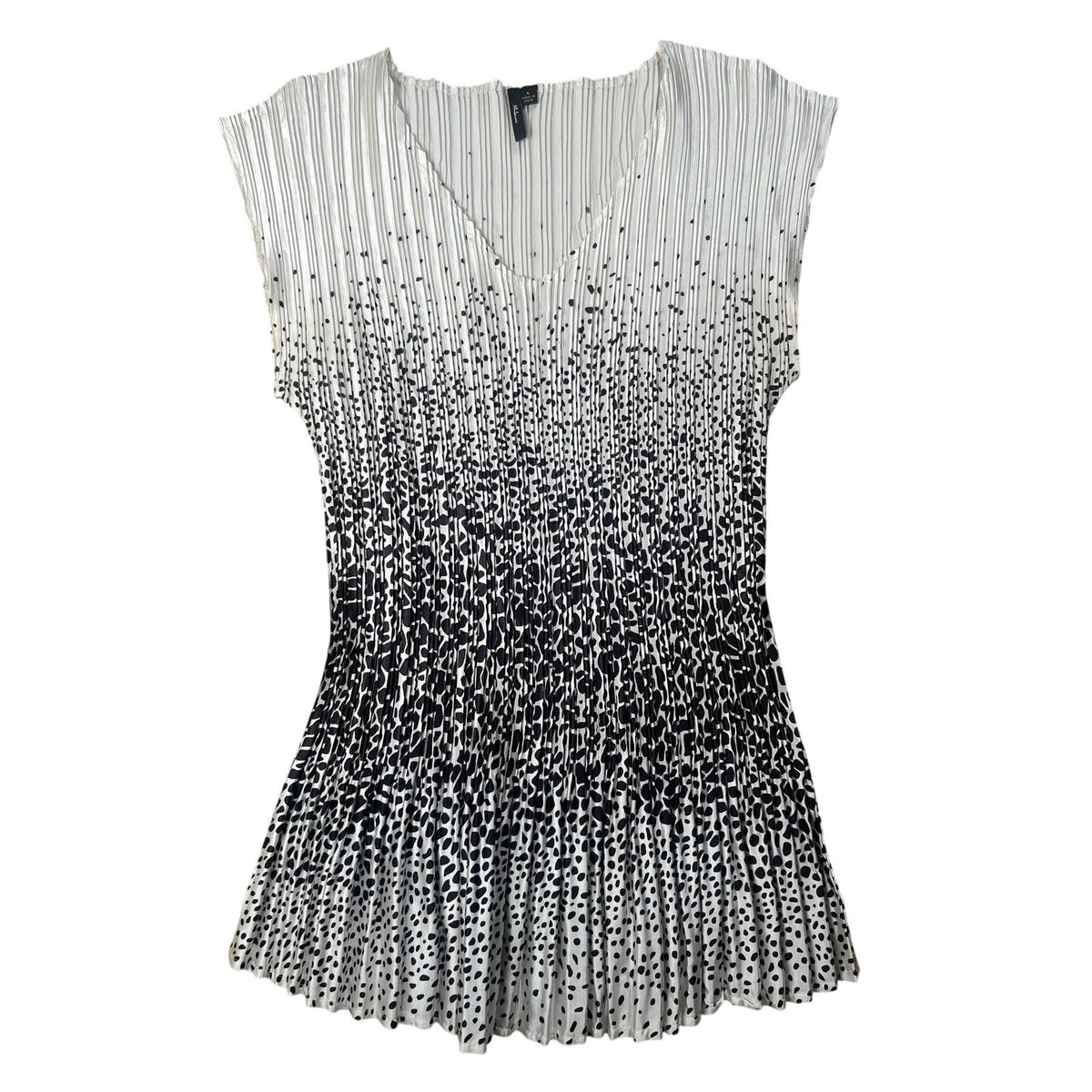 Tunic Womens L White V-Neck Cap Sleeve Pleated Polka Dot Chiffon Lined