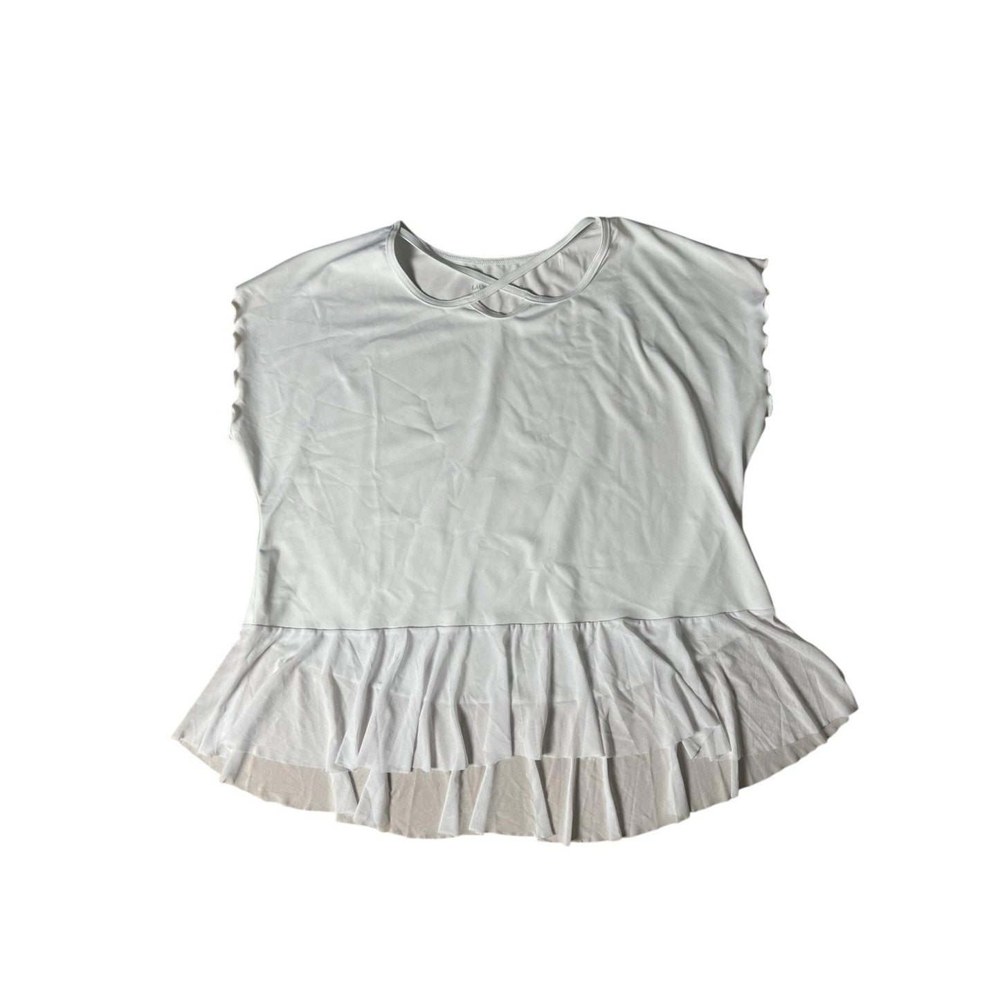 Womens M White Tunic Shirt Cap Sleeve Ruffle Hem Stretch Jersey Casual