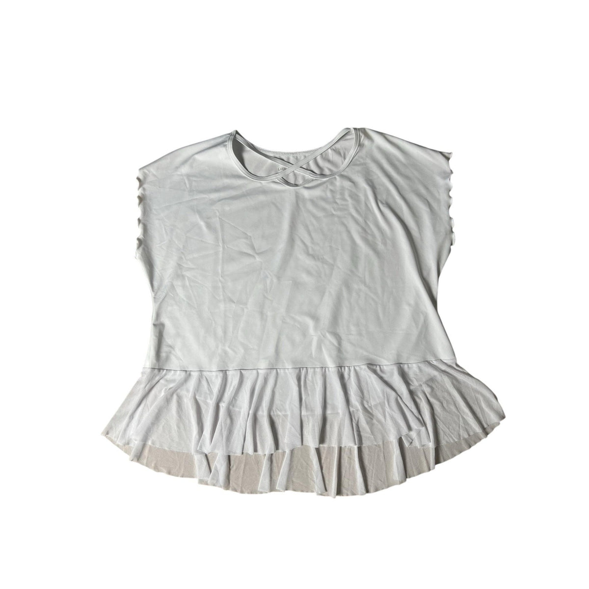 Womens M White Tunic Shirt Cap Sleeve Ruffle Hem Stretch Jersey Casual