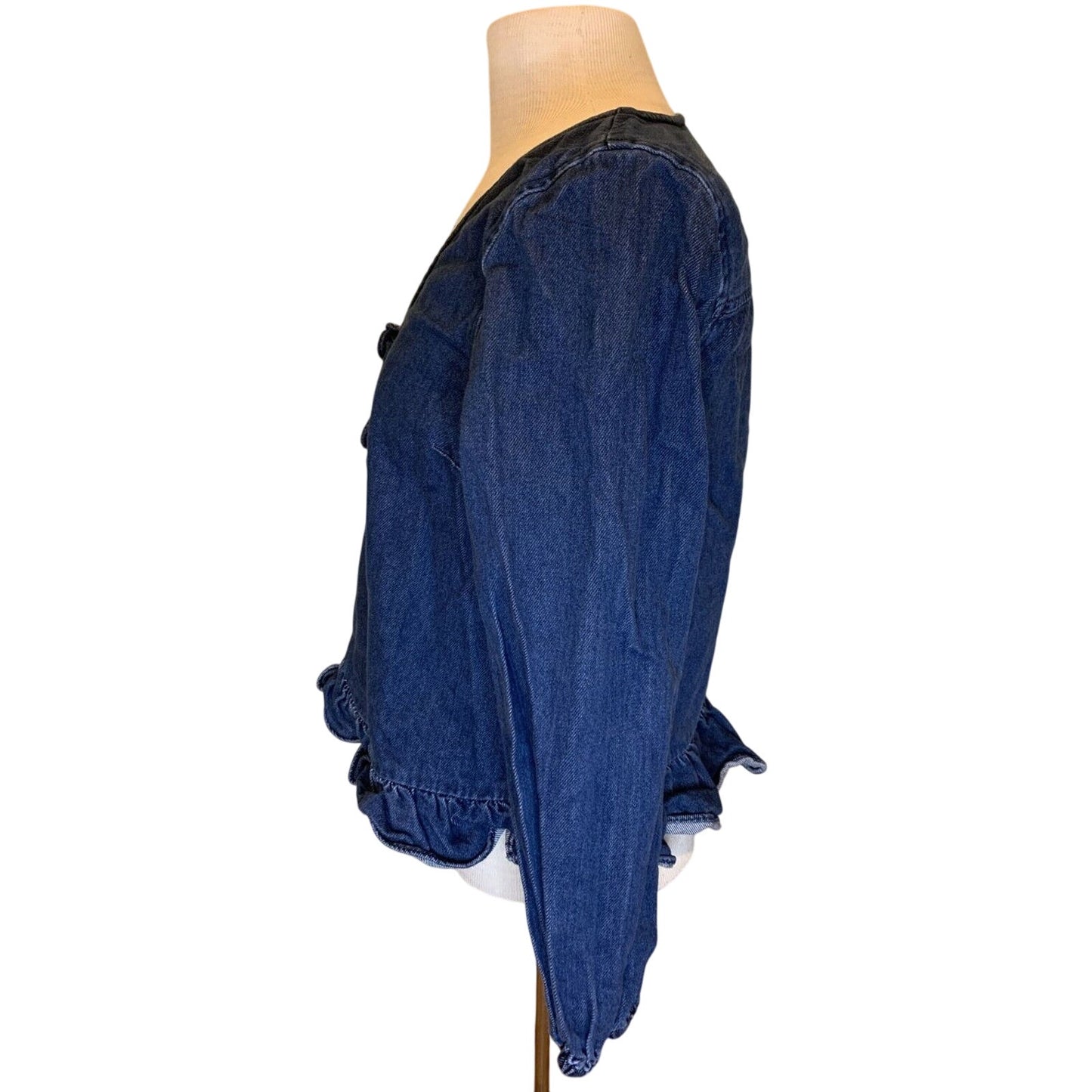 MADEWELL Denim Ruffle Top shirt clare wash $75 BLOGGER FAV SOLD OUT Size S - EUC