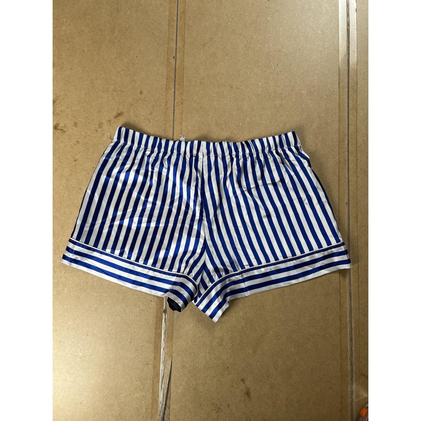 Victoria's Secret Hot Pants Womens L Blue Satin Striped Elastic Waist Drawstring