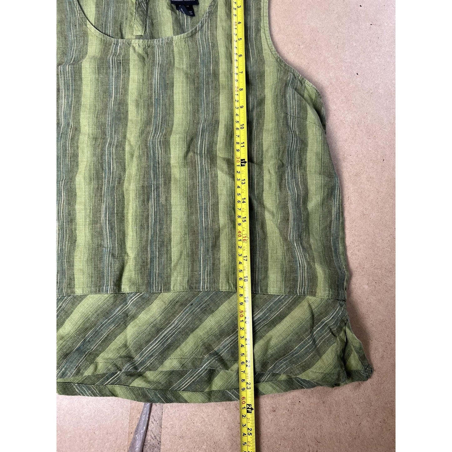 Nomadic Traders Tank Womens L Green 100% Linen Striped Scoop Neck Casual