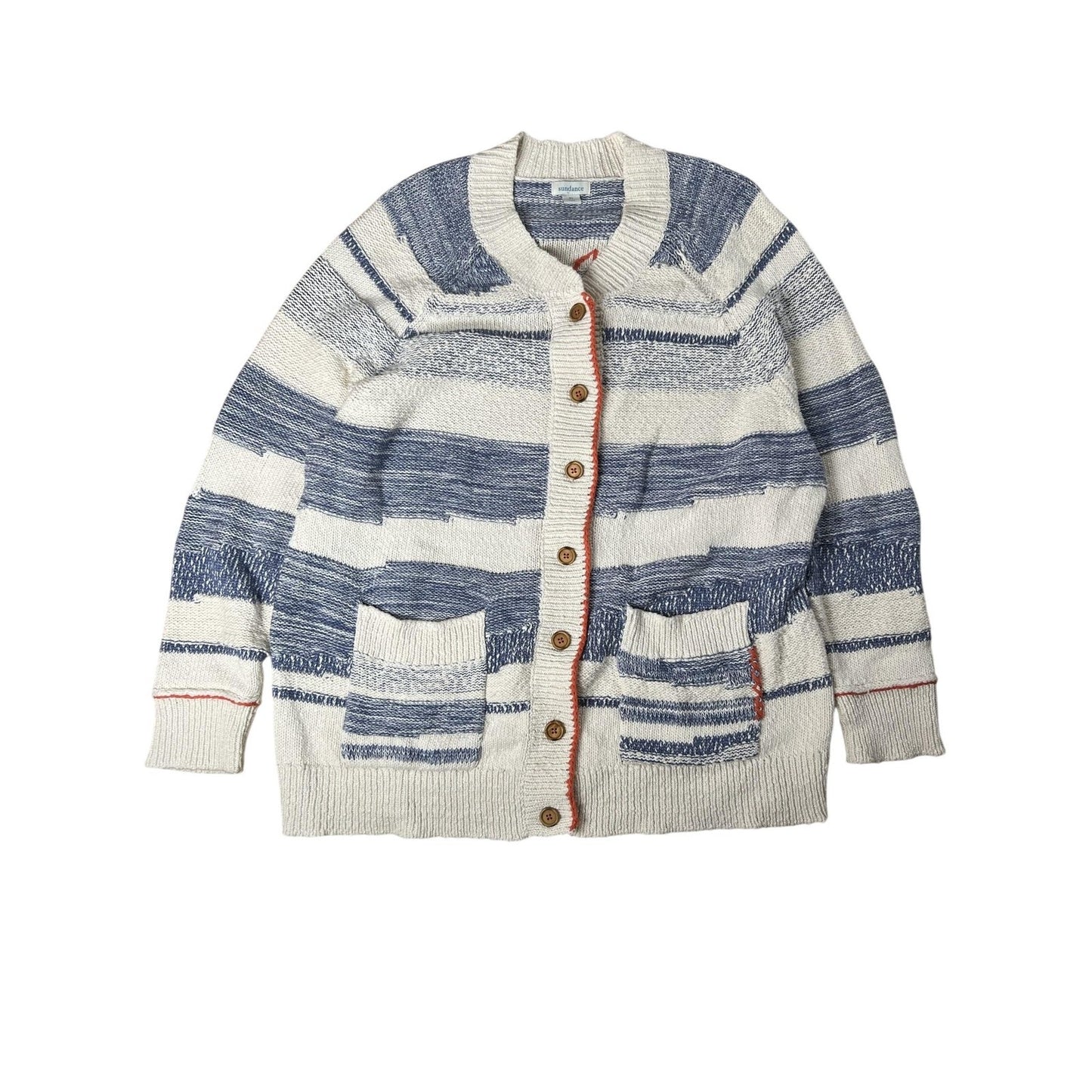 Sundance Cardigan Womens XL White Striped Chunky-Knit Pockets Button Embroidered