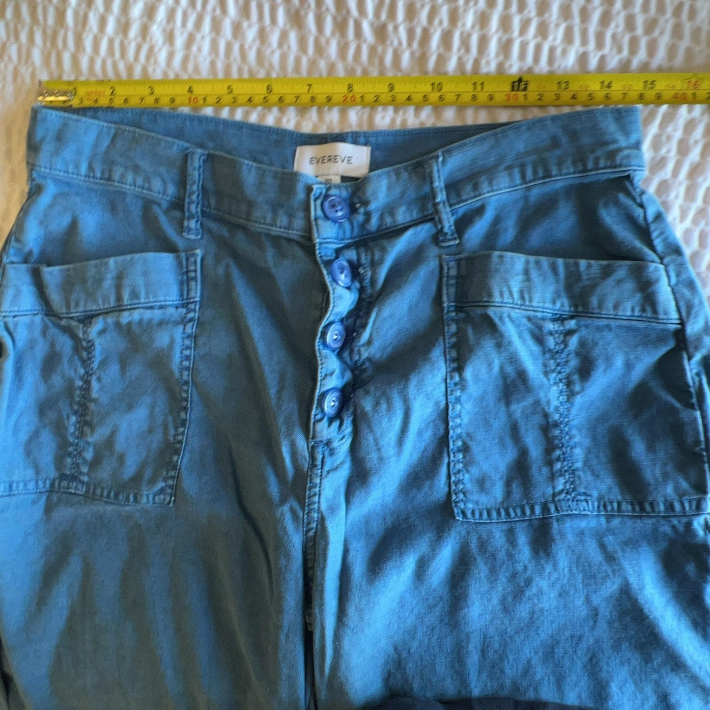 Evereve Pants Womens 30 Blue Cropped Denim Relaxed Pockets Button Flat Front
