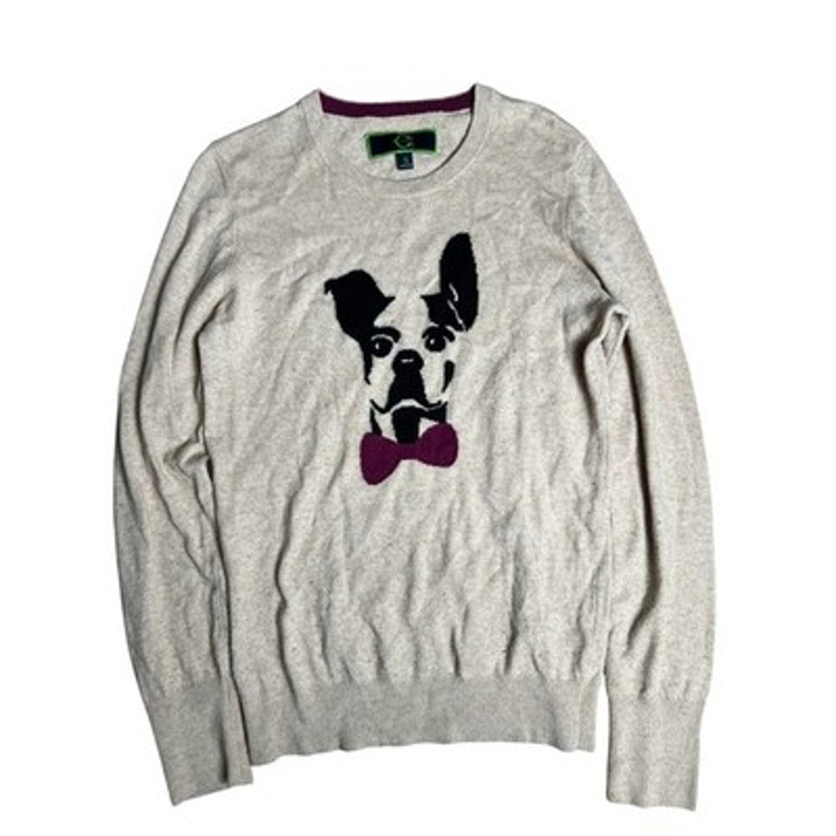 C. Wonder Sweater Womens S Beige Pullover Crew Neck Dog Graphic Bow Wool Blend