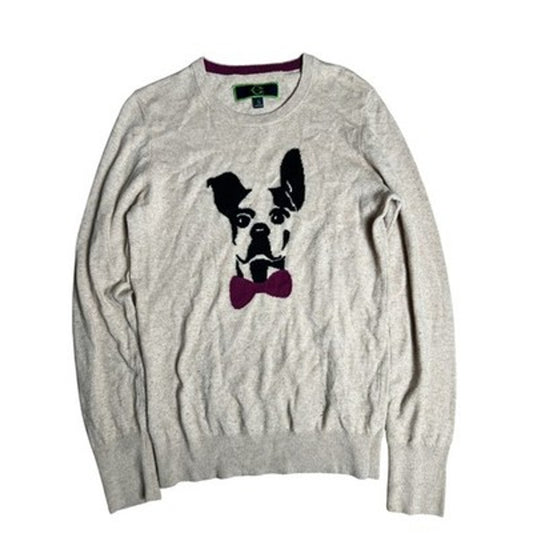 C. Wonder Sweater Womens S Beige Pullover Crew Neck Dog Graphic Bow Wool Blend