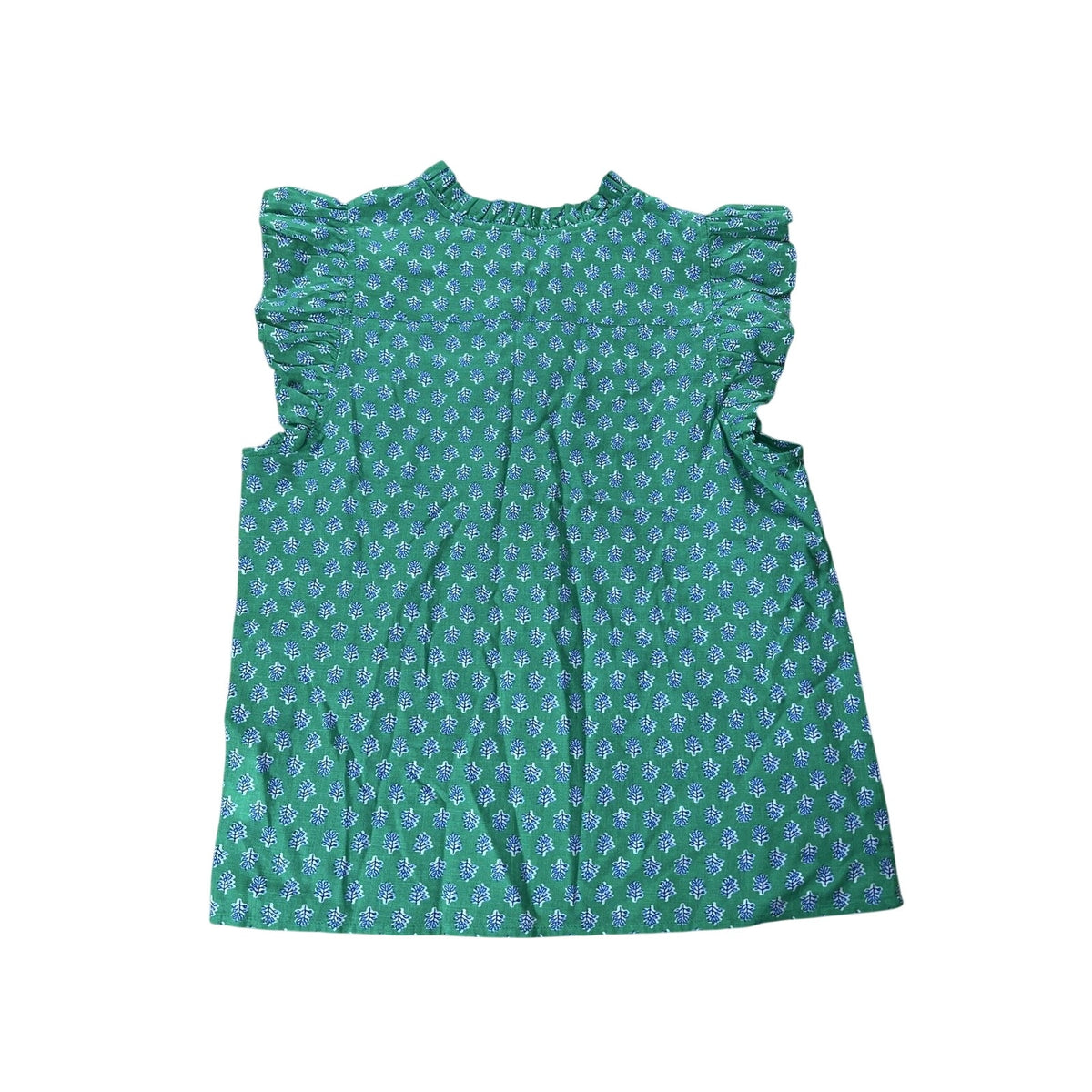 J.CREW Blouse Womens M Green Floral Ruffle Cap Sleeve Button Cotton Casual