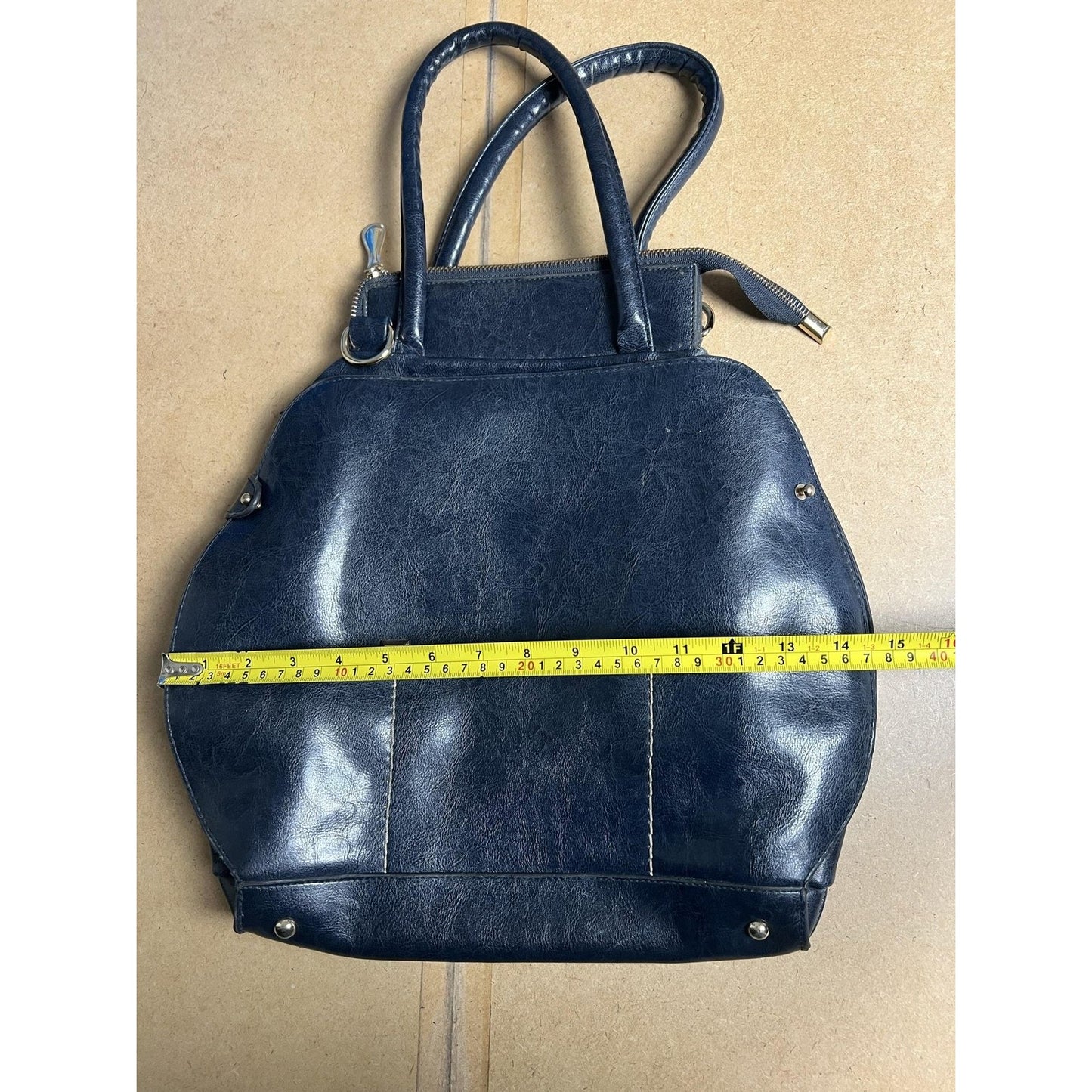 Salvatore Ferragamo Satchel Bag Womens Medium Navy Leather Silver Studs Zip