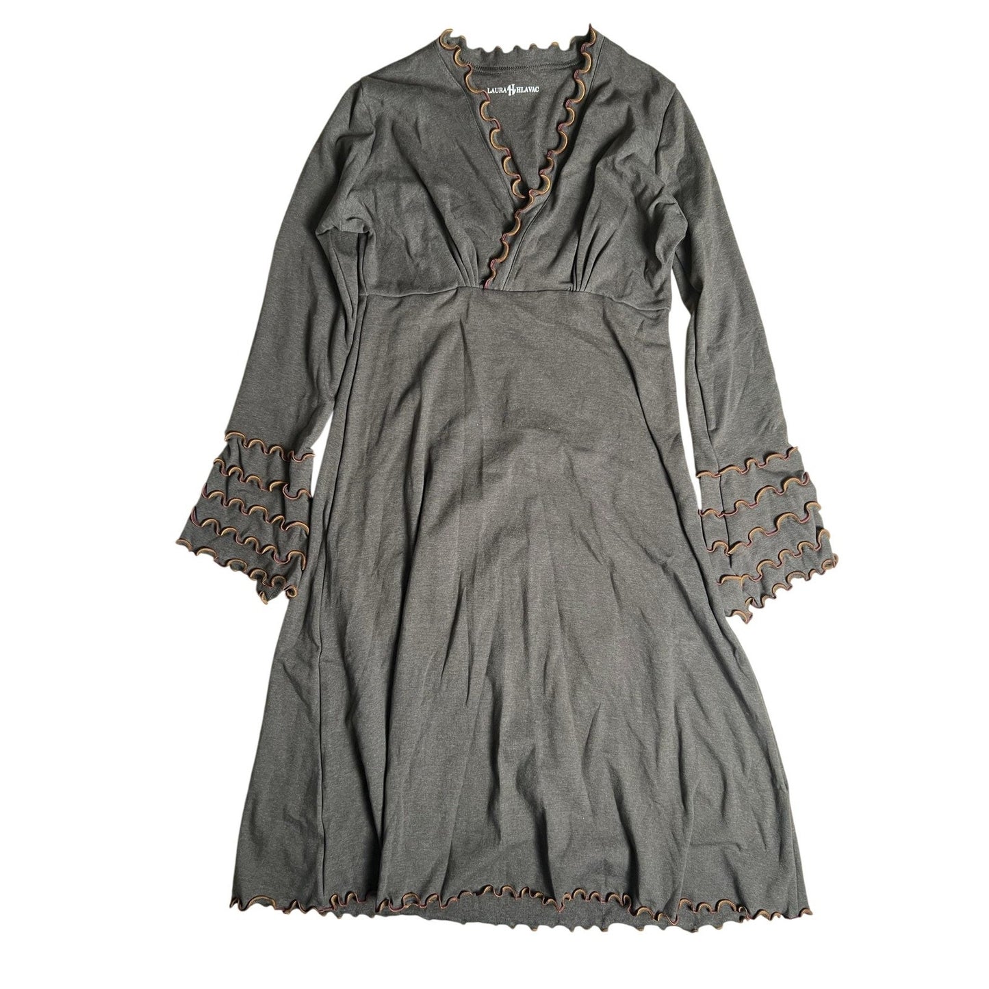 Laura Hlavac Dress Womens XL Gray Fit & Flare V-Neck Empire Waist Ruffle