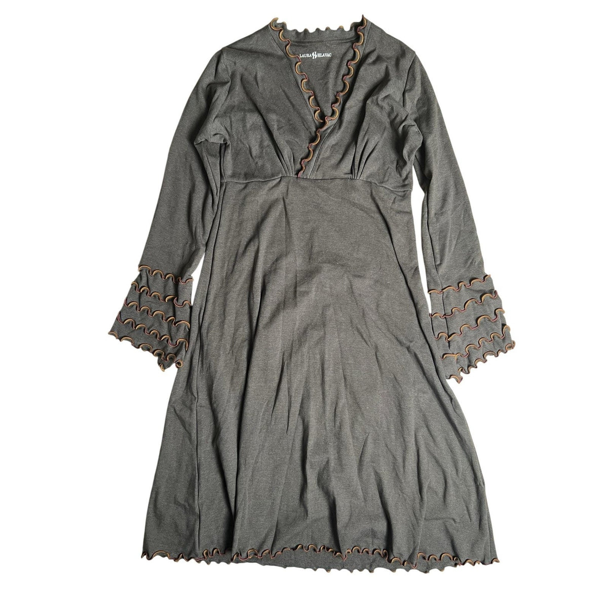 Laura Hlavac Dress Womens XL Gray Fit & Flare V-Neck Empire Waist Ruffle