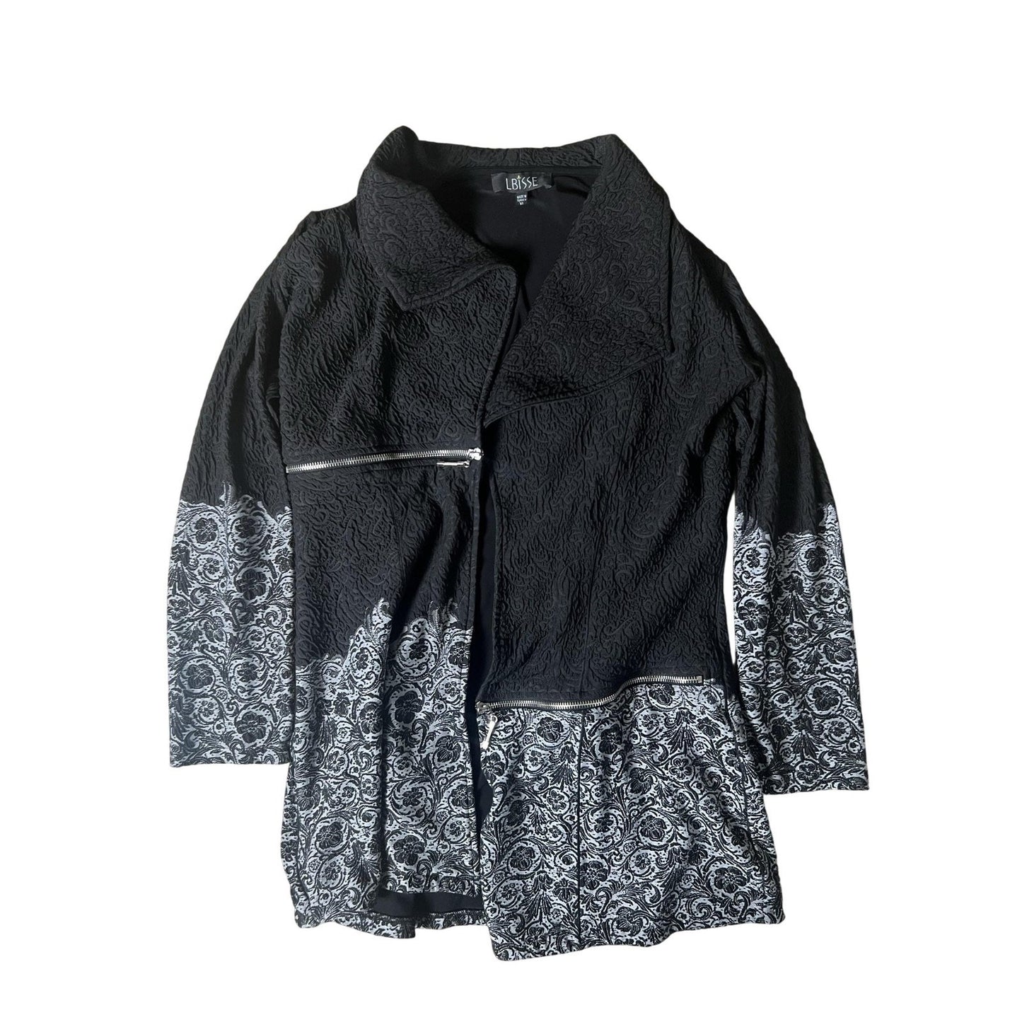 LBISSE Sweater Womens XL Black Full Zip Floral Knit Collared Pockets Stretch