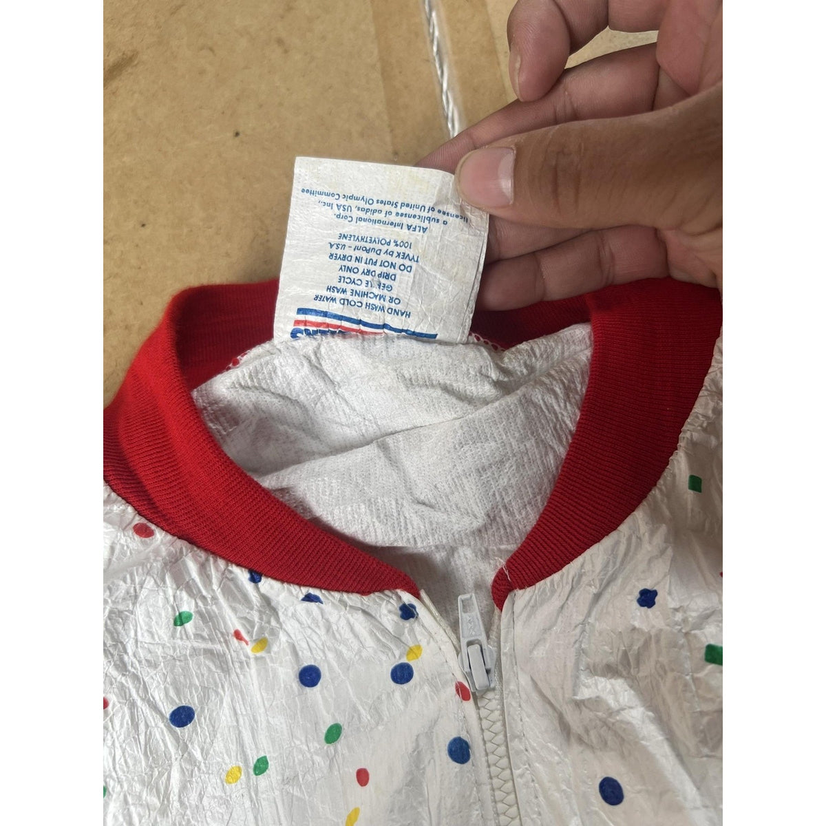 ALFA INTL CORP Jacket Mens XL White Windbreaker USA Polka Dot Olympic Logo