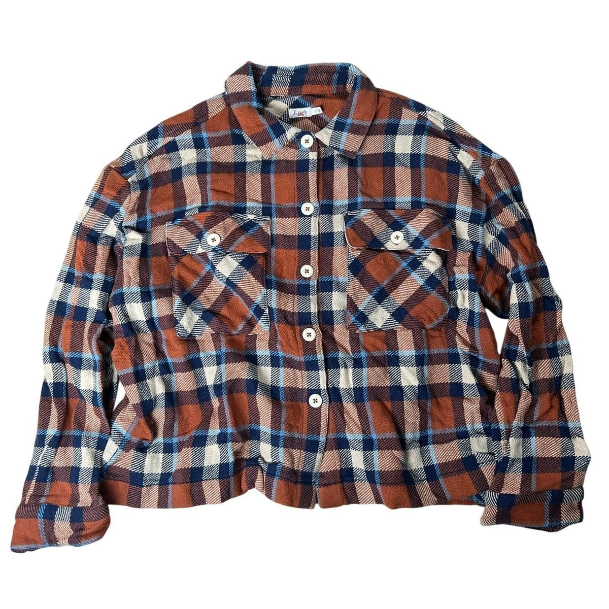 Faherty Button-Up Shirt Womens XL Orange Plaid Cropped Flannel Pockets Collared