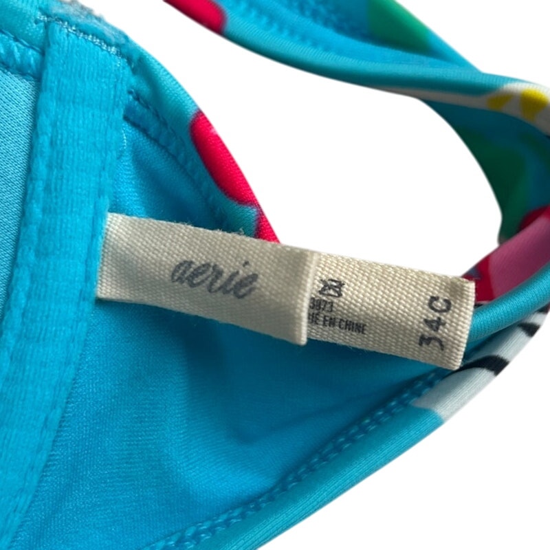 Aerie Floral Blue Pink Ruffled Halter Bikini Top Adjustable 34C